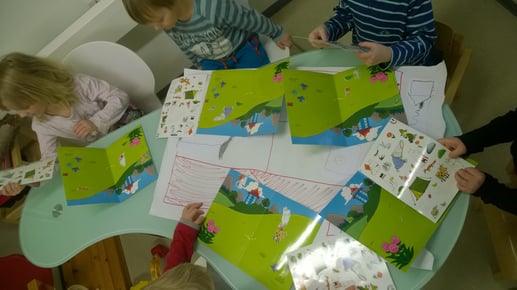 Children playing with Moomin Language School sticker cards