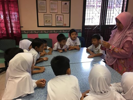 Preschool teacher holding a playful lesson to the second group.