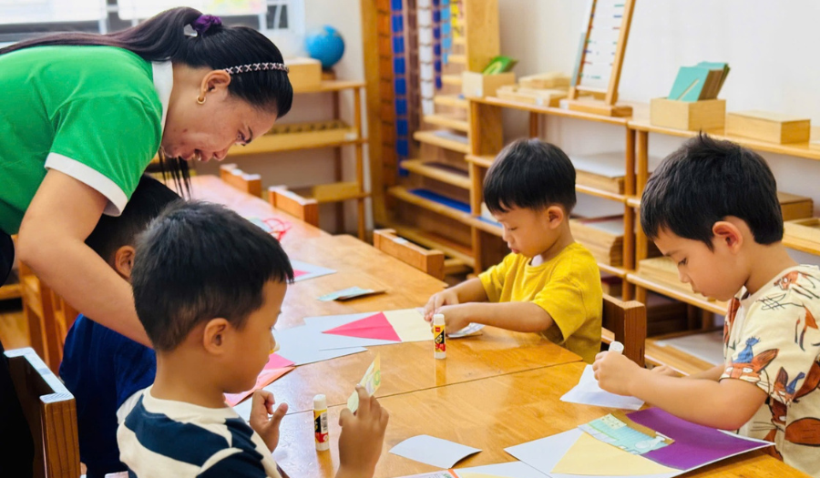 Children doing crafts at a Vietnamese kindergarten